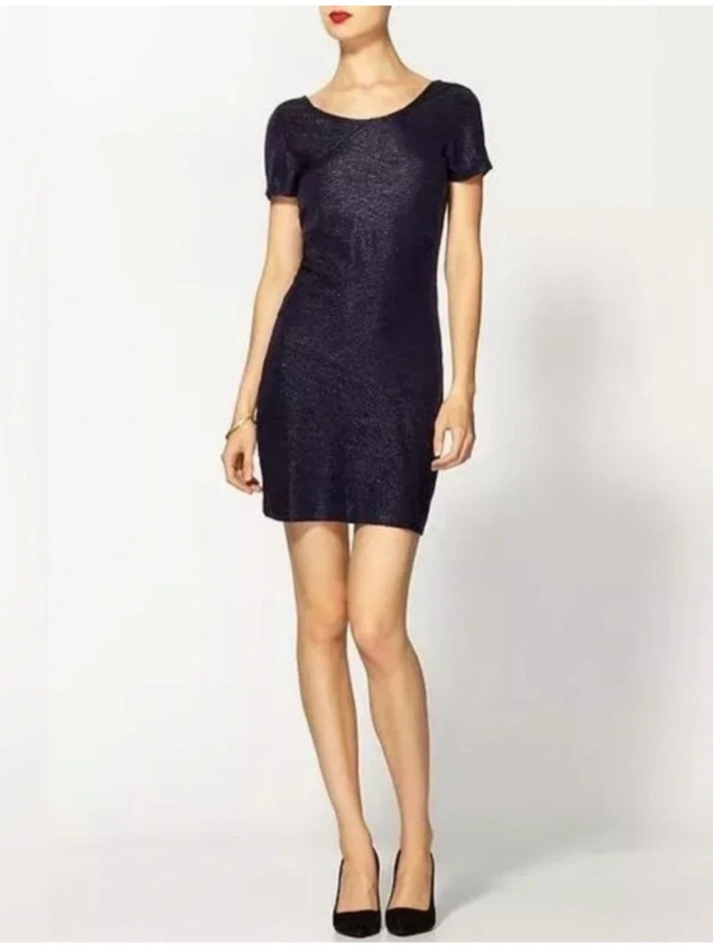 NWT FREE PEOPLE Navy Combo Dress Scoop Neck Shimmery Bodycon Short Sleeve Large